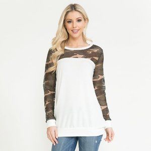 Solid Camo Mesh Contrast Long Sleeve Top